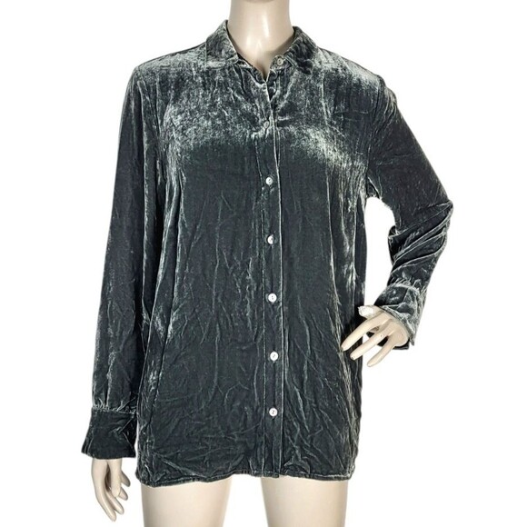Vintage 90s J. Jill Grey Crushed Velvet Silk Rayon Button-Down Blouse Size Small - Picture 2 of 11